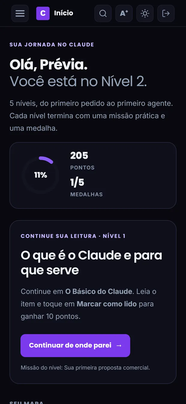 Tela inicial do aplicativo Manual Claude PRO no celular